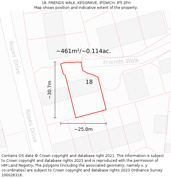 18, FRIENDS WALK, KESGRAVE, IPSWICH, IP5 2FH: Plot and title map