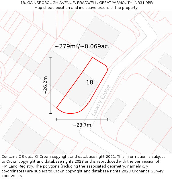 18, GAINSBOROUGH AVENUE, BRADWELL, GREAT YARMOUTH, NR31 9RB: Plot and title map