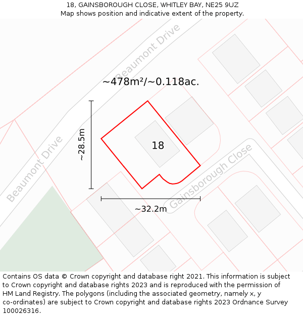 18, GAINSBOROUGH CLOSE, WHITLEY BAY, NE25 9UZ: Plot and title map