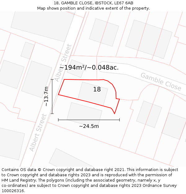 18, GAMBLE CLOSE, IBSTOCK, LE67 6AB: Plot and title map