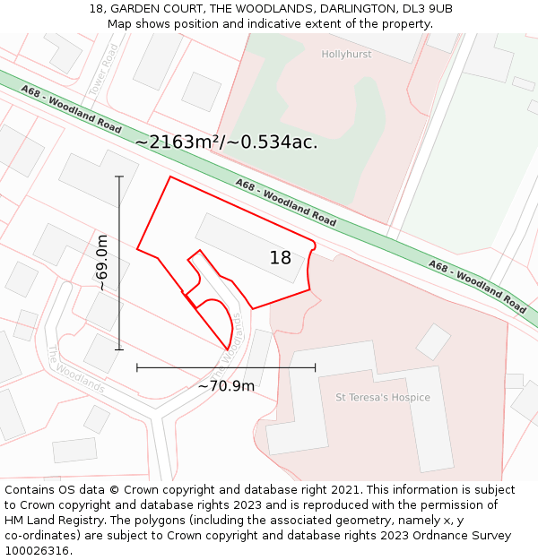 18, GARDEN COURT, THE WOODLANDS, DARLINGTON, DL3 9UB: Plot and title map