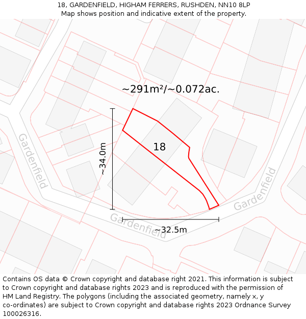 18, GARDENFIELD, HIGHAM FERRERS, RUSHDEN, NN10 8LP: Plot and title map