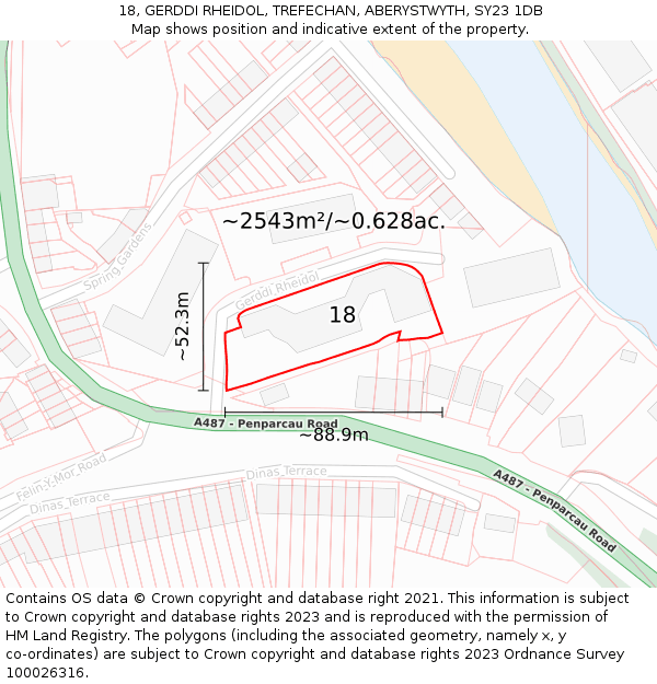 18, GERDDI RHEIDOL, TREFECHAN, ABERYSTWYTH, SY23 1DB: Plot and title map
