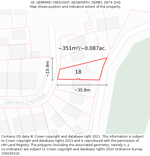 18, GERRARD CRESCENT, KEGWORTH, DERBY, DE74 2HQ: Plot and title map