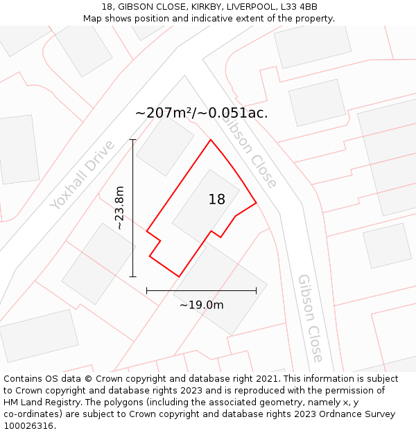 18, GIBSON CLOSE, KIRKBY, LIVERPOOL, L33 4BB: Plot and title map
