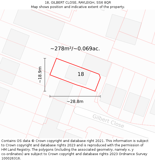18, GILBERT CLOSE, RAYLEIGH, SS6 8QR: Plot and title map