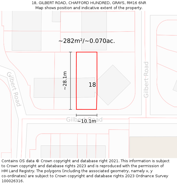 18, GILBERT ROAD, CHAFFORD HUNDRED, GRAYS, RM16 6NR: Plot and title map