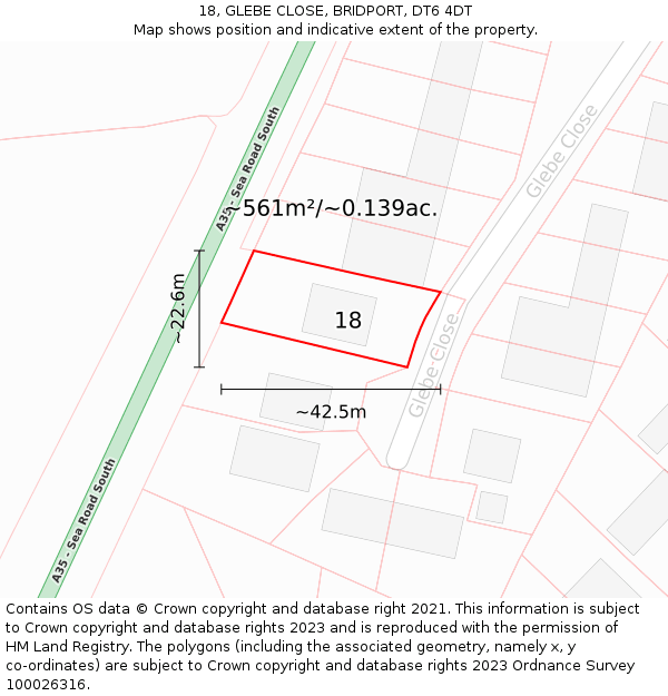 18, GLEBE CLOSE, BRIDPORT, DT6 4DT: Plot and title map