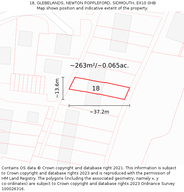 18, GLEBELANDS, NEWTON POPPLEFORD, SIDMOUTH, EX10 0HB: Plot and title map