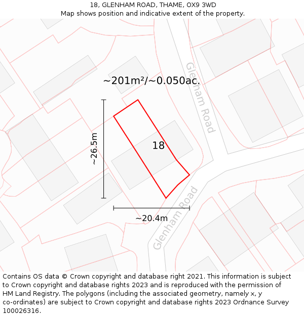 18, GLENHAM ROAD, THAME, OX9 3WD: Plot and title map