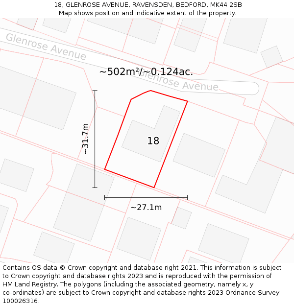 18, GLENROSE AVENUE, RAVENSDEN, BEDFORD, MK44 2SB: Plot and title map