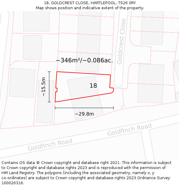18, GOLDCREST CLOSE, HARTLEPOOL, TS26 0RY: Plot and title map