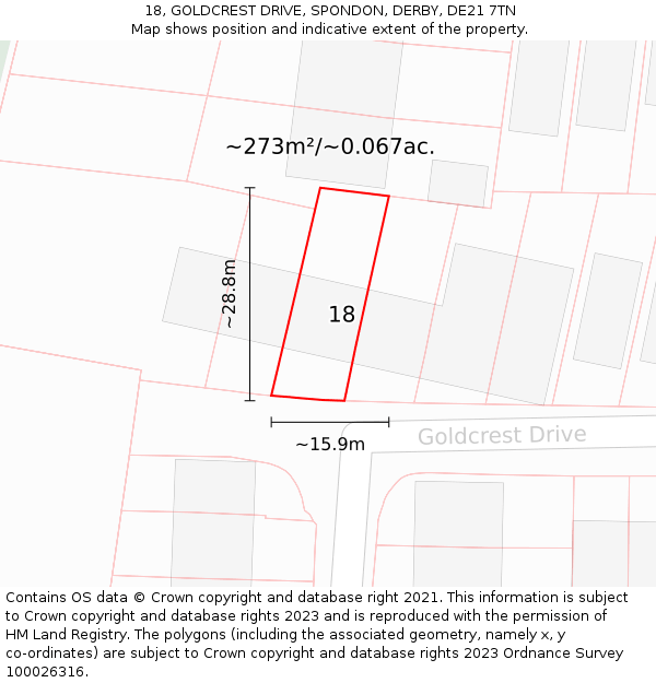 18, GOLDCREST DRIVE, SPONDON, DERBY, DE21 7TN: Plot and title map