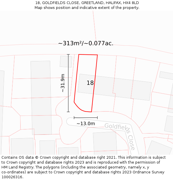 18, GOLDFIELDS CLOSE, GREETLAND, HALIFAX, HX4 8LD: Plot and title map