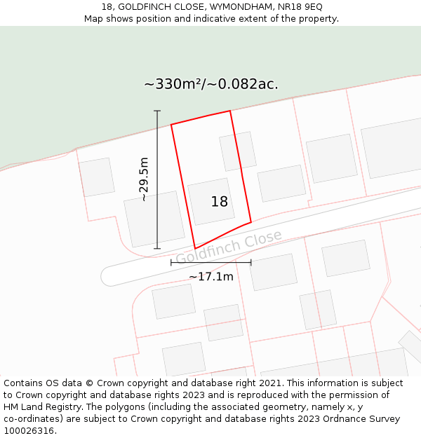 18, GOLDFINCH CLOSE, WYMONDHAM, NR18 9EQ: Plot and title map
