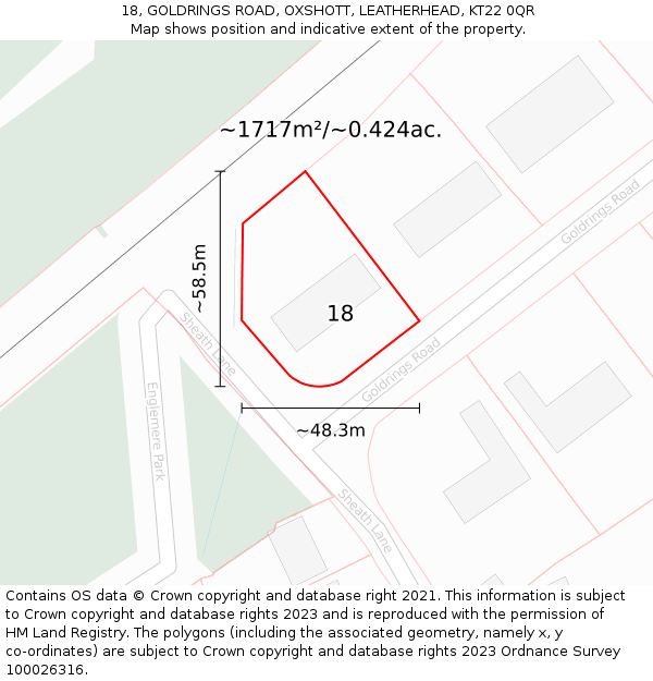 18, GOLDRINGS ROAD, OXSHOTT, LEATHERHEAD, KT22 0QR: Plot and title map