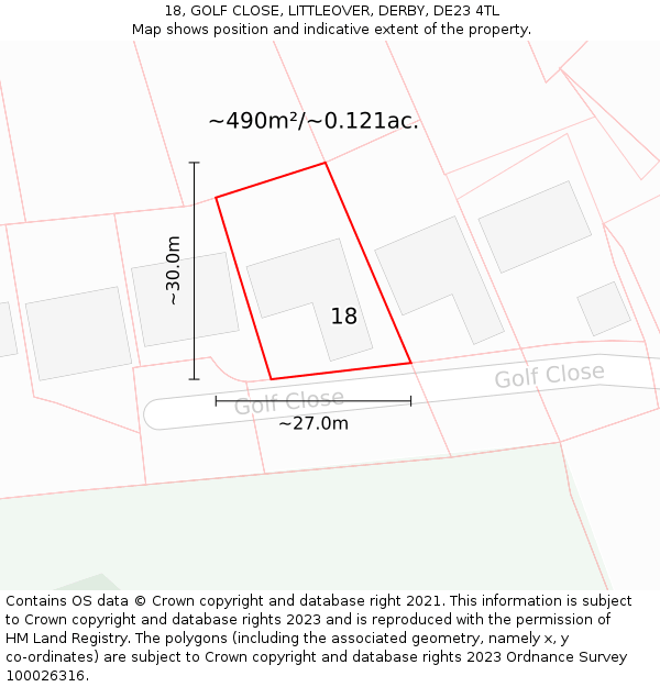 18, GOLF CLOSE, LITTLEOVER, DERBY, DE23 4TL: Plot and title map