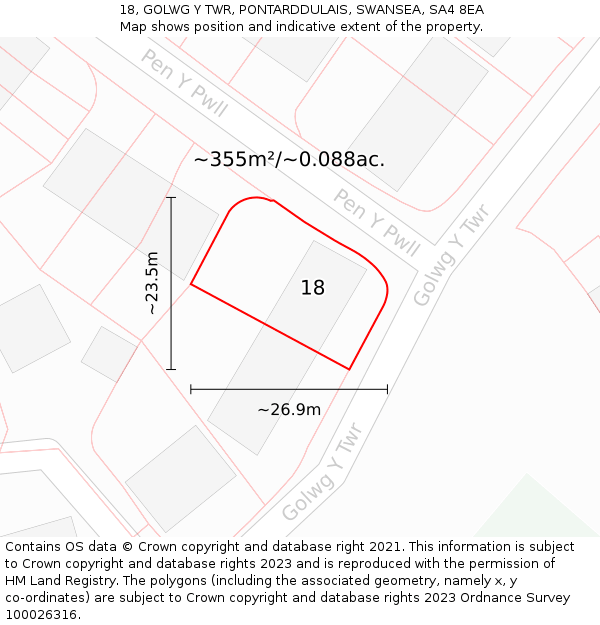 18, GOLWG Y TWR, PONTARDDULAIS, SWANSEA, SA4 8EA: Plot and title map
