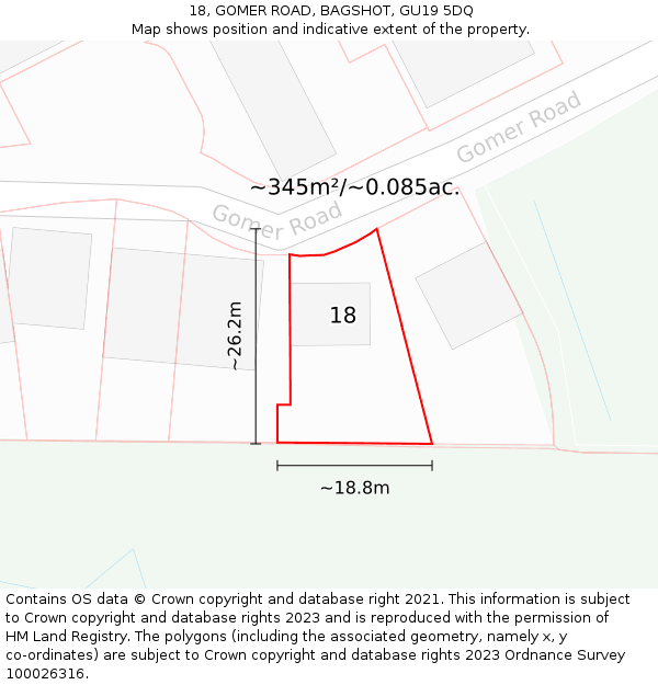 18, GOMER ROAD, BAGSHOT, GU19 5DQ: Plot and title map