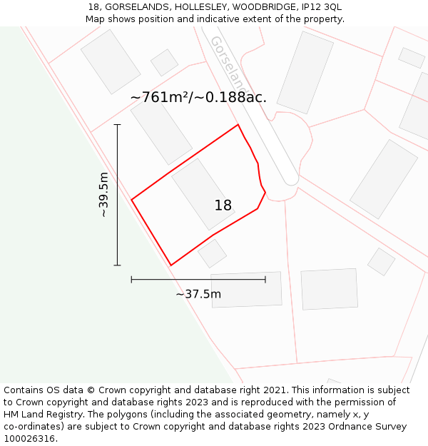 18, GORSELANDS, HOLLESLEY, WOODBRIDGE, IP12 3QL: Plot and title map