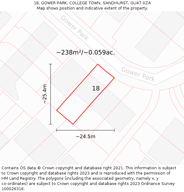 18, GOWER PARK, COLLEGE TOWN, SANDHURST, GU47 0ZA: Plot and title map