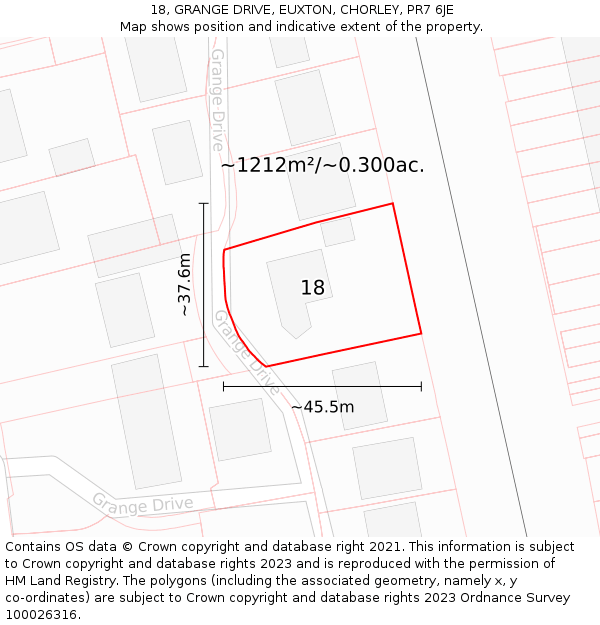 18, GRANGE DRIVE, EUXTON, CHORLEY, PR7 6JE: Plot and title map