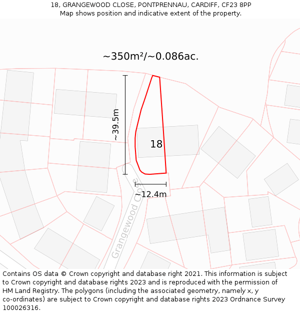 18, GRANGEWOOD CLOSE, PONTPRENNAU, CARDIFF, CF23 8PP: Plot and title map