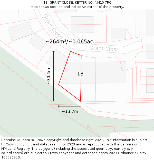 18, GRANT CLOSE, KETTERING, NN15 7RQ: Plot and title map