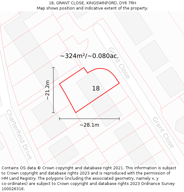 18, GRANT CLOSE, KINGSWINFORD, DY6 7RH: Plot and title map