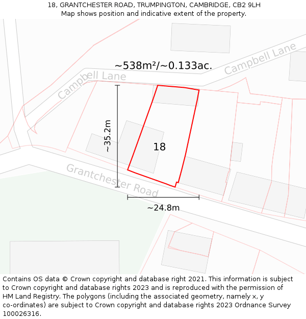 18, GRANTCHESTER ROAD, TRUMPINGTON, CAMBRIDGE, CB2 9LH: Plot and title map