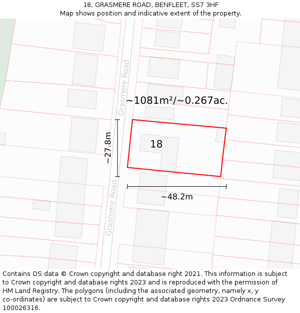 18, GRASMERE ROAD, BENFLEET, SS7 3HF: Plot and title map
