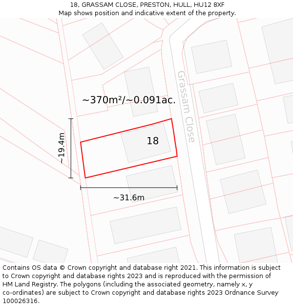 18, GRASSAM CLOSE, PRESTON, HULL, HU12 8XF: Plot and title map
