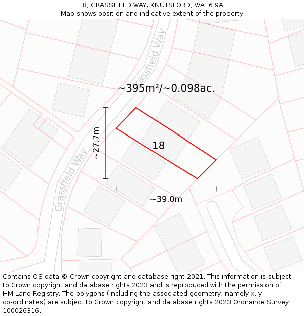 18, GRASSFIELD WAY, KNUTSFORD, WA16 9AF: Plot and title map