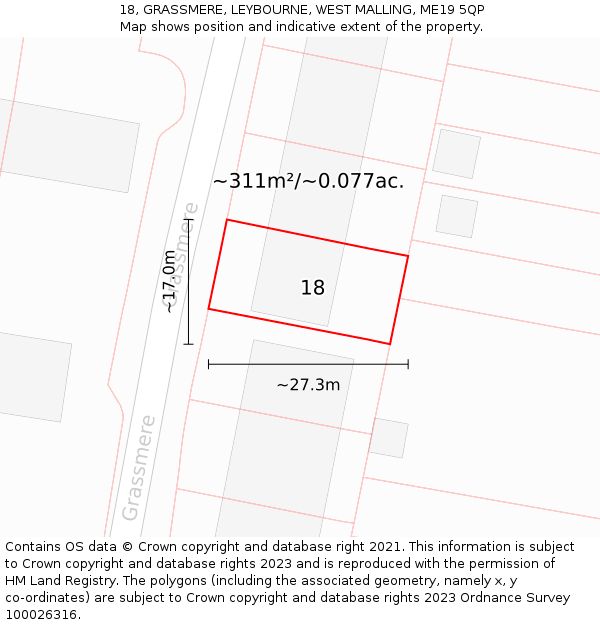 18, GRASSMERE, LEYBOURNE, WEST MALLING, ME19 5QP: Plot and title map