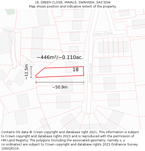 18, GREEN CLOSE, MAYALS, SWANSEA, SA3 5DW: Plot and title map