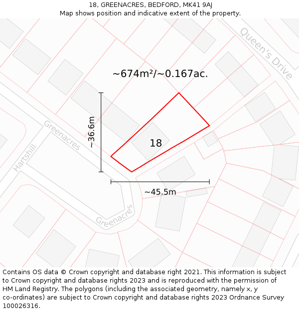 18, GREENACRES, BEDFORD, MK41 9AJ: Plot and title map
