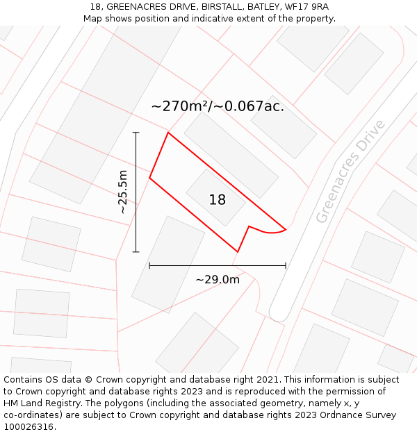 18, GREENACRES DRIVE, BIRSTALL, BATLEY, WF17 9RA: Plot and title map