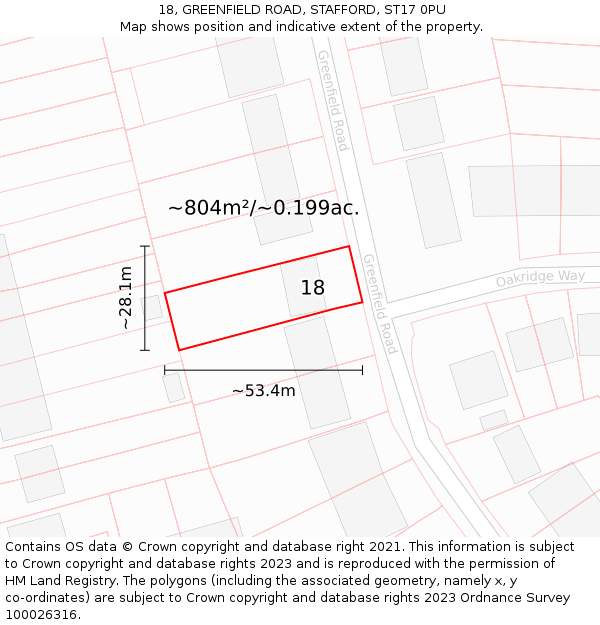 18, GREENFIELD ROAD, STAFFORD, ST17 0PU: Plot and title map