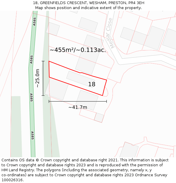 18, GREENFIELDS CRESCENT, WESHAM, PRESTON, PR4 3EH: Plot and title map