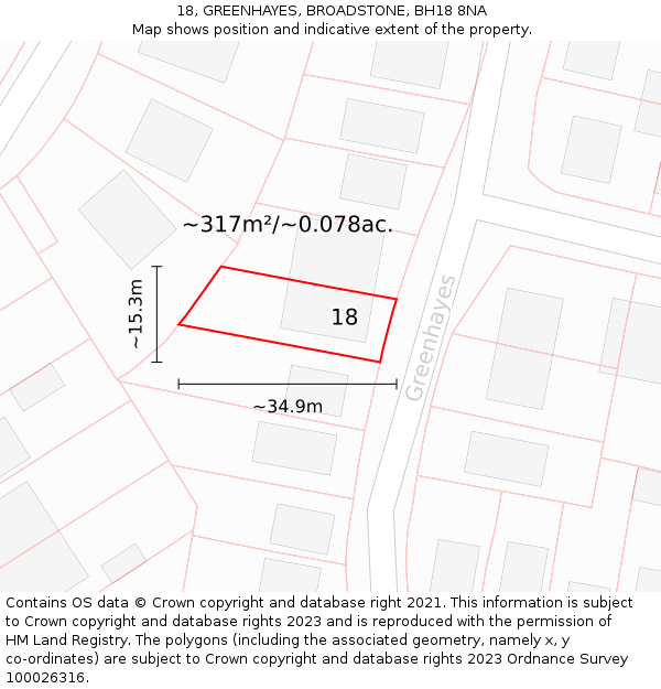 18, GREENHAYES, BROADSTONE, BH18 8NA: Plot and title map