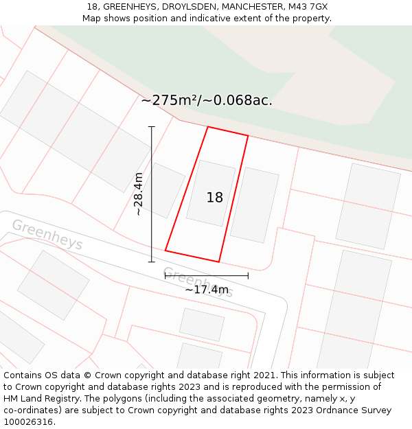 18, GREENHEYS, DROYLSDEN, MANCHESTER, M43 7GX: Plot and title map