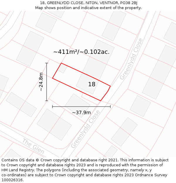 18, GREENLYDD CLOSE, NITON, VENTNOR, PO38 2BJ: Plot and title map