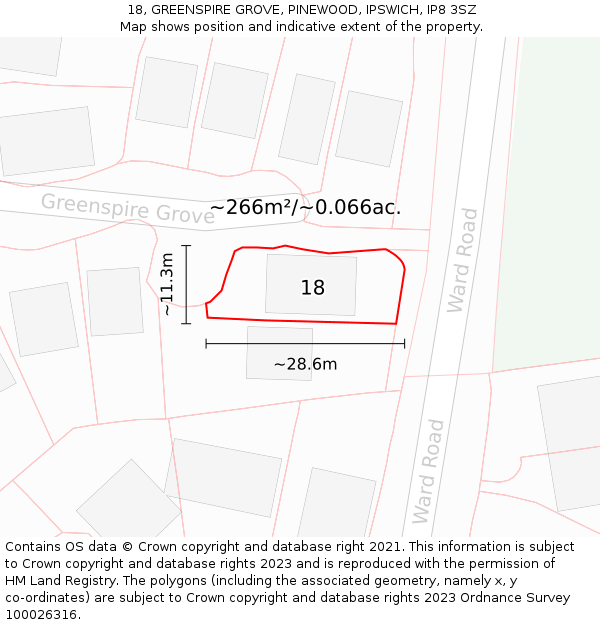 18, GREENSPIRE GROVE, PINEWOOD, IPSWICH, IP8 3SZ: Plot and title map