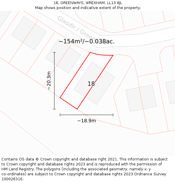 18, GREENWAYS, WREXHAM, LL13 8JL: Plot and title map