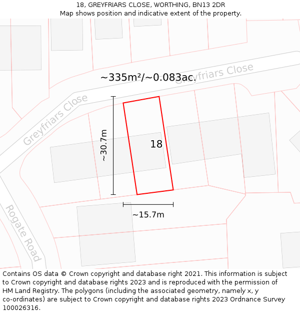 18, GREYFRIARS CLOSE, WORTHING, BN13 2DR: Plot and title map