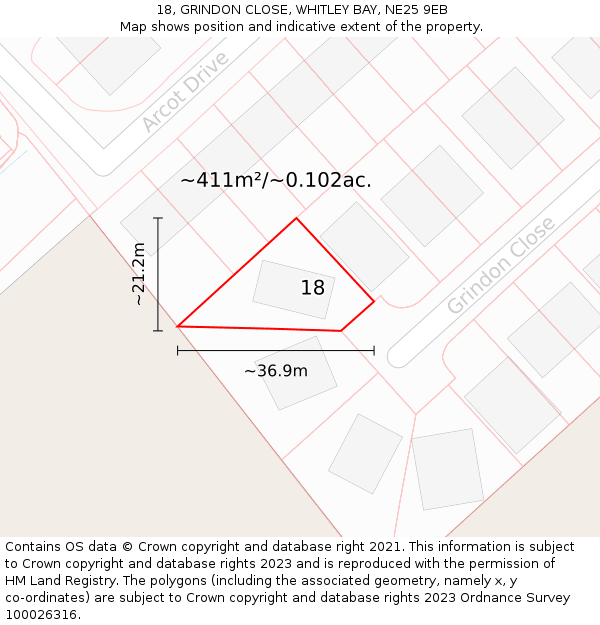 18, GRINDON CLOSE, WHITLEY BAY, NE25 9EB: Plot and title map