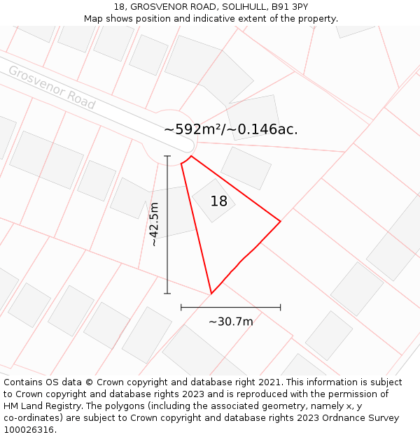 18, GROSVENOR ROAD, SOLIHULL, B91 3PY: Plot and title map