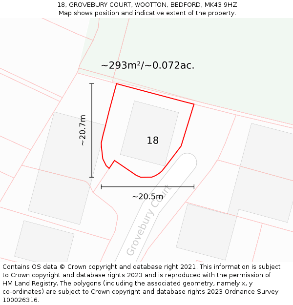 18, GROVEBURY COURT, WOOTTON, BEDFORD, MK43 9HZ: Plot and title map