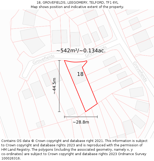 18, GROVEFIELDS, LEEGOMERY, TELFORD, TF1 6YL: Plot and title map