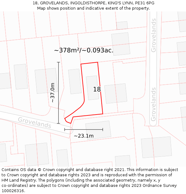 18, GROVELANDS, INGOLDISTHORPE, KING'S LYNN, PE31 6PG: Plot and title map